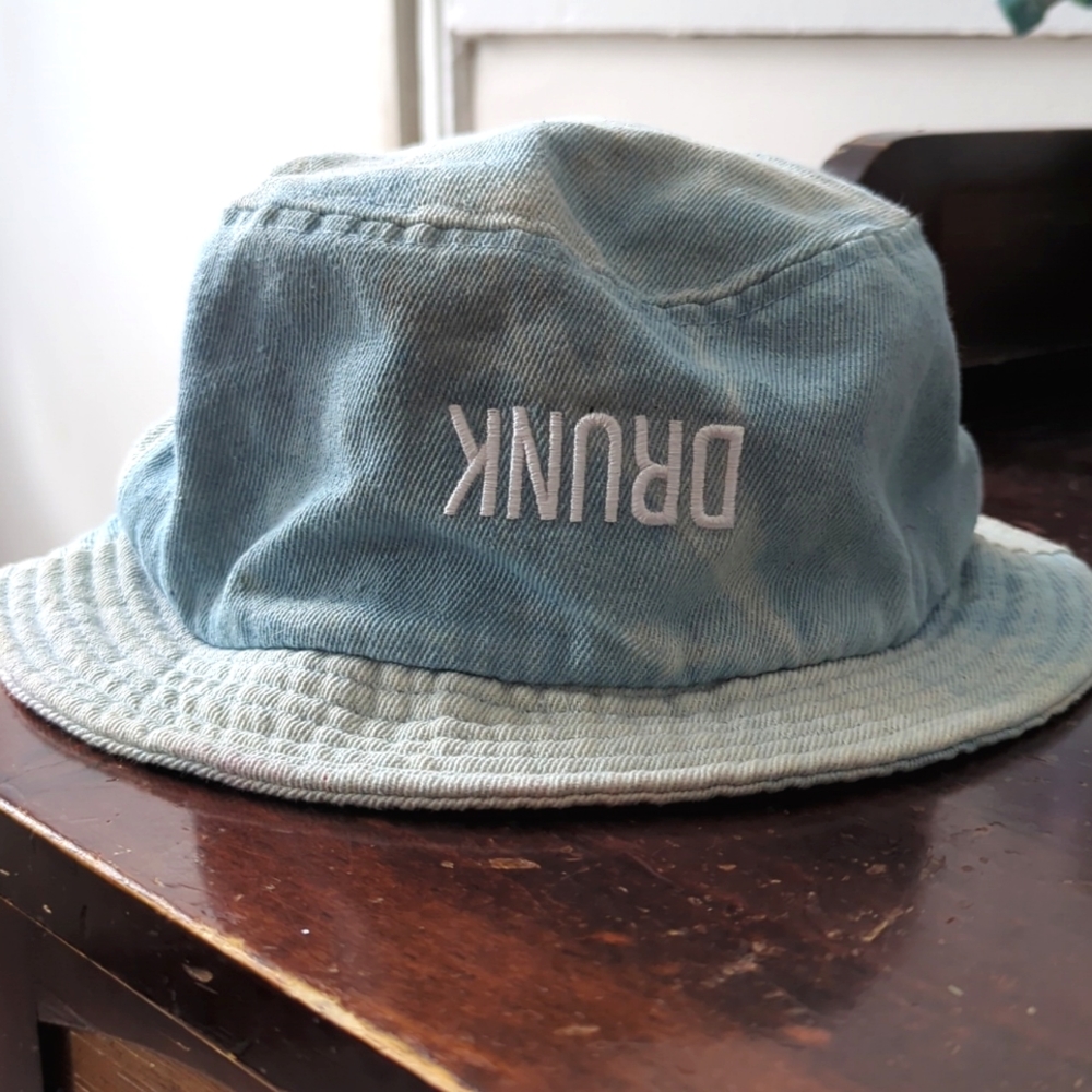 White Wash Denim Novelty 90s bucket hat for day drinking, funny summer jean hat